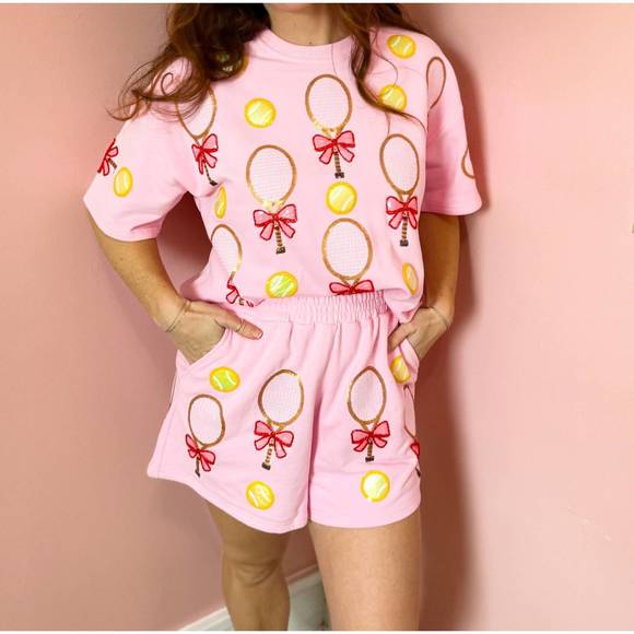 QUEEN OF SPARKLES Tops - NEW QUEEN OF SPARKLES bow tennis racket top in pink multi
